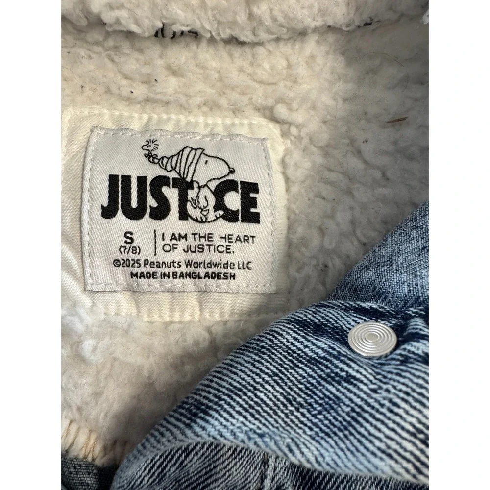 Justice Peanuts Snoopy Denim Jacket Kids‎ Size 7/8 Blue Sherpa Patches Kidcore